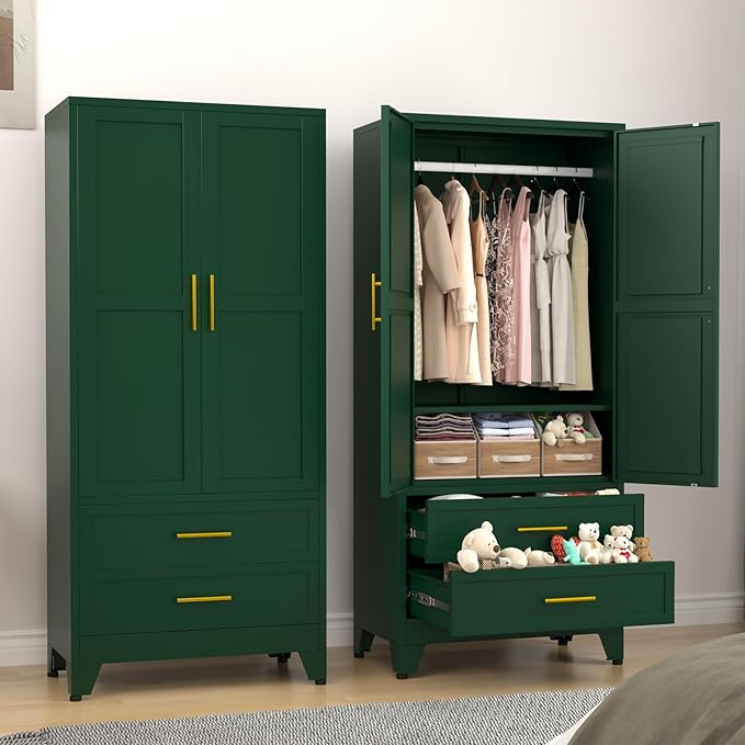erosoei Metal Armoire Wardrobe Closet, 71 "Metal Clothing Storage Cabinet with Adjustable Shelves and Hanging Rod, Household Steel Wardrobe Storage Cabinet with Drawers (armoire-Green)