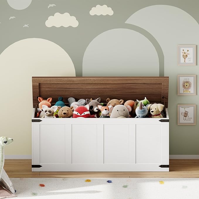 HOOBRO Storage Bench, 47.2”Toy Box Organizer with Safety Hinges, Farmhouse Wooden Storage Chest, for Hallway, Bedroom, Living Room, White and Walnut WH520CW01