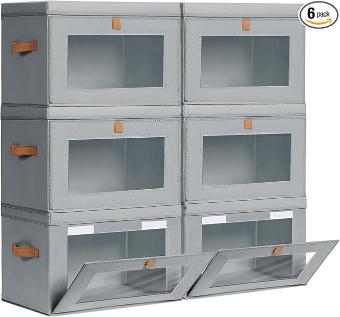 Homsorout Large Closet Storage Bins - Collapsible Storage Bins with Handles & Window, Fabric Cube Organizer with Lids, Decorative Boxes for Living Room, Closet, Dorm, 6 Pack, Grey