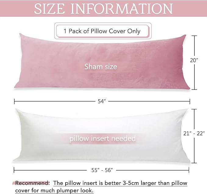 StangH Pink Body Pillow Cover for Kids/Pregnant Women, Super Soft Velvet Body Pillow Pillowcase, Extra Long Sofa/Couch Cover with Hidden Zipper, 20 x 54 inches, 1 Piece