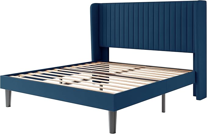 SHA CERLIN Full Size Velvet Bed Frame with Vertical Channel Tufted Wingback Headboard, Upholstered Platform Bed with Wood Slats, No Box Spring Needed, Easy Assembly, Blue
