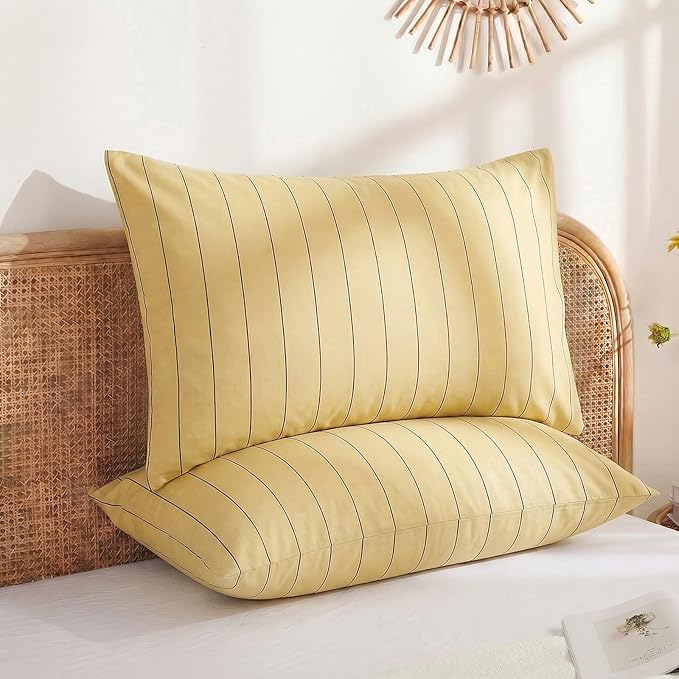 Merryword Yellow Striped Pillowcases, 100% Cotton Pillow Cases, King Size Pillowcases, Soft Breathable Pinstripe Pillow Covers, Set of 2