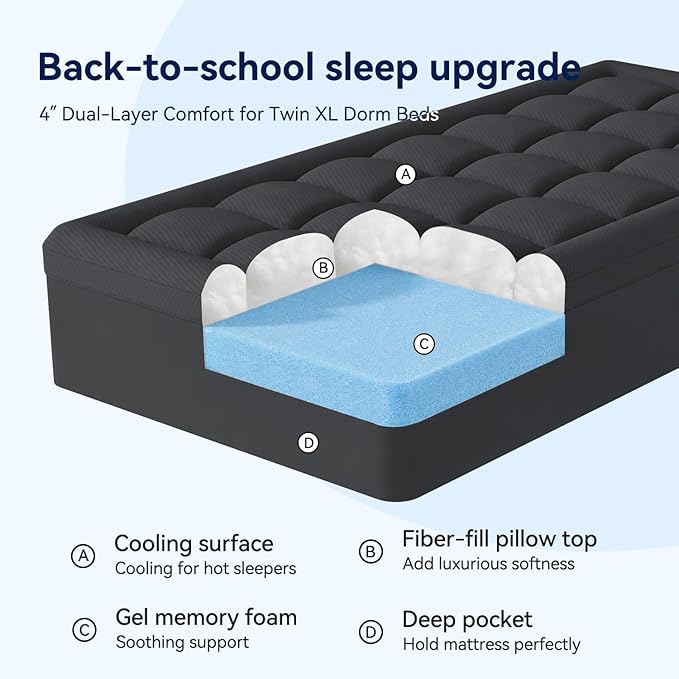 ELEMUSE 3 Inch Dual Layer Memory Foam Mattress Topper Twin XL, Dorm Room 2 Inch Cooling Gel Memory Foam Plus 1 Inch Down Alternative Pillowtop Mattress Pad,College Essential, Comfort Support, Black