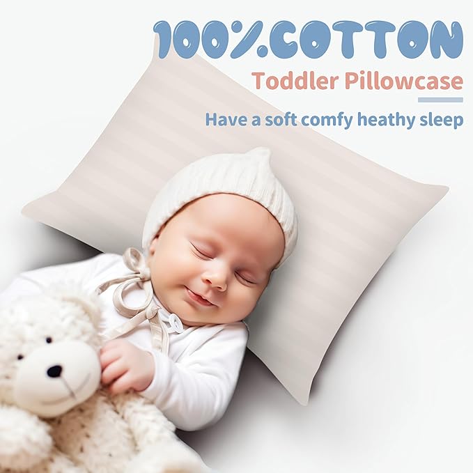 100% Egyptian Cotton Toddler Pillowcases Set of 2, 400 Thread Count Sateen Weave Small Pillow Protectors, Super Soft Breathable Zippered Pillow Covers 13x18 Inches (Stirpe Light Beige, Toddler)