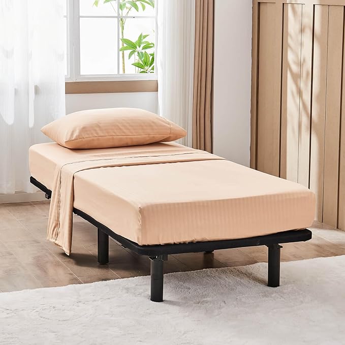 Kingnex Striped 30x75 Cot Size RV Bunk Sheets Set for Narrow Twin Bed Soft Brushed 1800 Microfiber 3 Piece Bedding Set Includes 1 Fitted Sheet 1 Flat Sheet 1 Pillowcase Beige