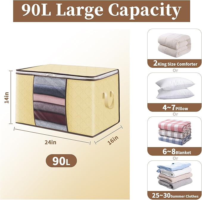 90L Clothes Blanket Storage Bags, 6 Pack Under Bed Storage Bins with Lids, Foldable Closet Organizer with Reinforced Handles for Clothing, Blanket, Comforters, Bed Sheets, Pillows and Toys, Beige