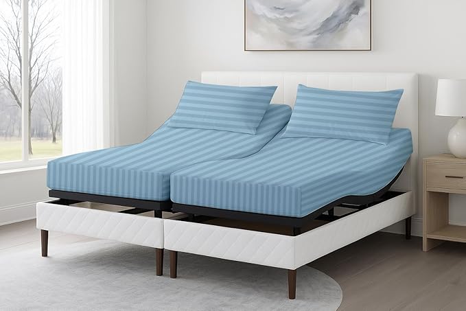5 Piece Split Cal King Sheet Set, 100% Egyptian Cotton, 16 Inch Deep Pockets, Light Blue Stripe, Soft Cooling Sheets for Adjustable Beds, Sleep Number Beds, Split Cal King Mattress Sheet Set