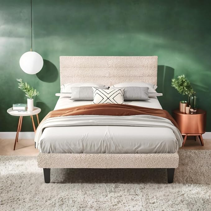 VINGLI Twin Bed Frame for Kids,Boucle Upholstered Platform Bed with Adjustable Headboard,Sturdy Wood Slats Support,Cloud Single Bed with Cream Design,Noise Free, Easy Assembly, Beige