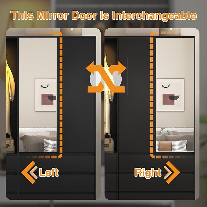 Armoire Wardrobe Closet with Mirror Door and LED Light, Bedroom Armoire with 6 Drawers, Modern Wooden Large Wardrobe Closet with Shelves, Wooden Armoire with Hanging Rod for Bedroom(Black)