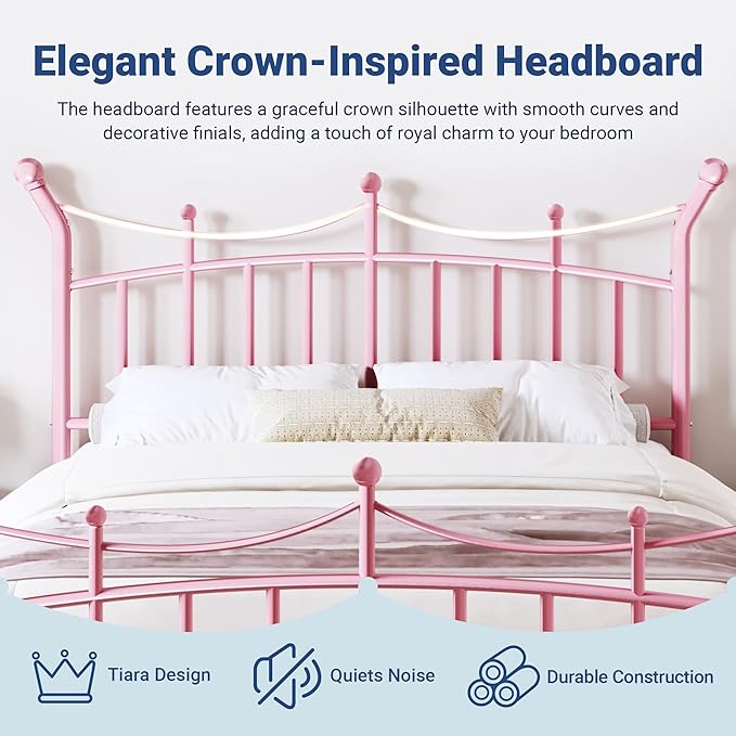 Allewie 14 Inches Full Size Metal Platform Bed Frame with Elegant Crown Iron-Art Headboard & Footboard, Sturdy Mattress Foundation with Under-Bed Storage, Easy Assembly, No Box Spring Needed, Pink