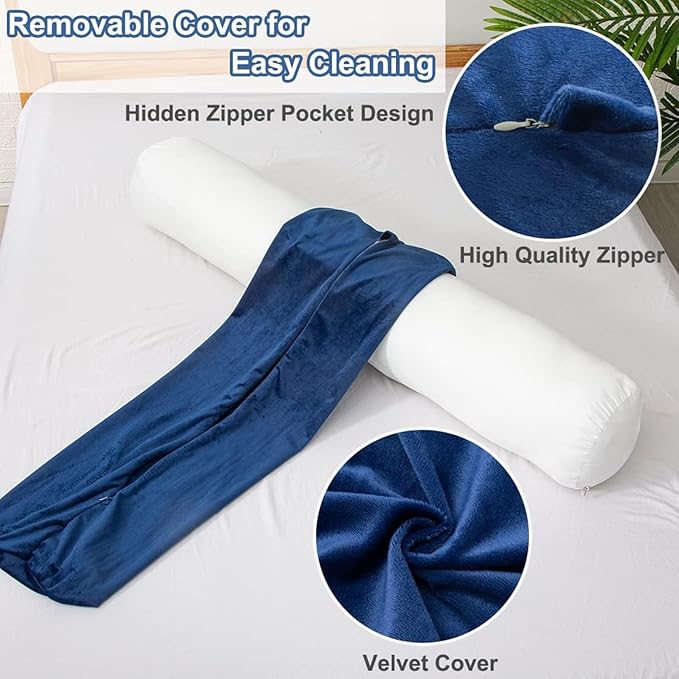 1 MIDDLE ONE Body Pillow, Memory Foam Round Body Pillows for Adults, Firm Long Bolster Pillow for Bed, Cylinder Tube Roll Pillow with Velvet Cover, 47x7.87 Inches, Navy Blue