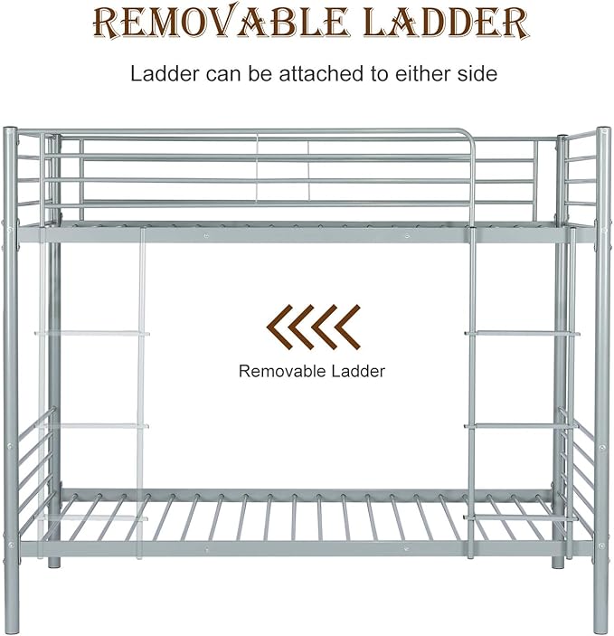Bonnlo Metal Bunk Bed Twin Over Twin Bed Frames for Kids Bunk Beds with Flat Ladder Rungs, Heavy Duty Bunk Beds for Kids/Teens/Adults, Double Twin Bed with Metal Slats and Heighten Guardrails, Gray