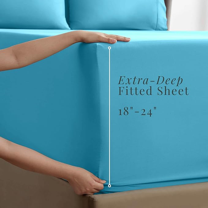 Hearth & Harbor Extra Deep Pocket Sheets - Fits Mattress 18-24 Inches Deep - Extra Deep Pocket Twin XL Sheets Sets - 4 Piece Twin XL Size - Beach Blue