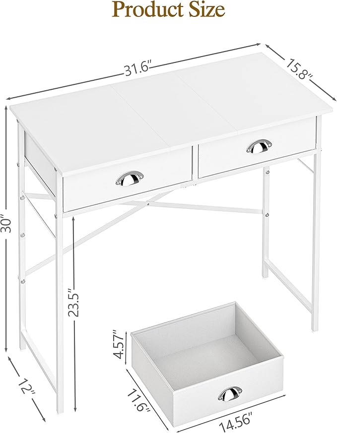 ThreeHio Small Vanity Desk No Mirror for Kids Bedroom, 31.5 Inch Vanity Table with Drawers, Makeup Vanity Desk for Narrow Spaces, White Dreessing Table(No Mirror)
