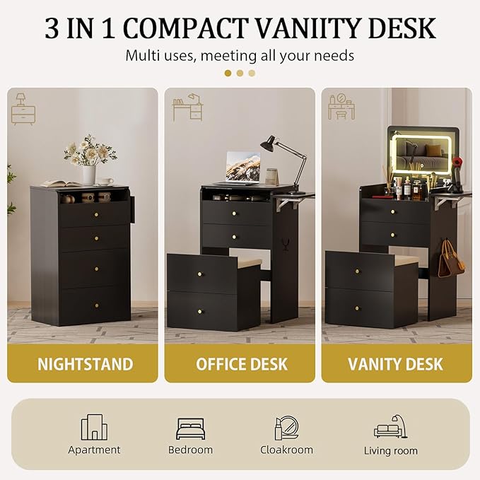 COMHOMA Makeup Vanity Desk with Mirror and Lights, Small 3 in 1 Vanity Table with Visible Glass Top, Flip Top & 3 Drawers, Compact Dresser with Storage Stool for Bedroom, Office or Nightstand