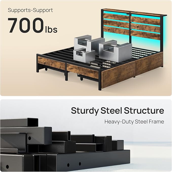 Rolanstar Full Size Bed Frame with 4 Drawers, LED Lights and Charging Station, Metal Platform Bed with Storage Headboard, Noise Free, Easy Assembly, No Box Spring Needed, Rustic Brown