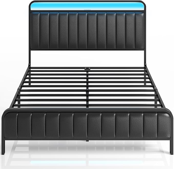 Rolanstar Queen Size Bed Frame with LED Light and Charging Station, Upholstered Headboard and Footboard, Metal Slat, Noise Free, Easy Assembly, Black
