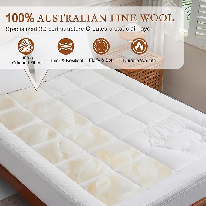 YOUR MOON 100% Wool Mattress Topper Twin Size, 800GSM Natural Wool Filling, Thick Pillow Top Mattress Pad, Back Pain Relief Bed Topper with Cotton Cover, 16" Deep Pocket, 39"x75" (White)