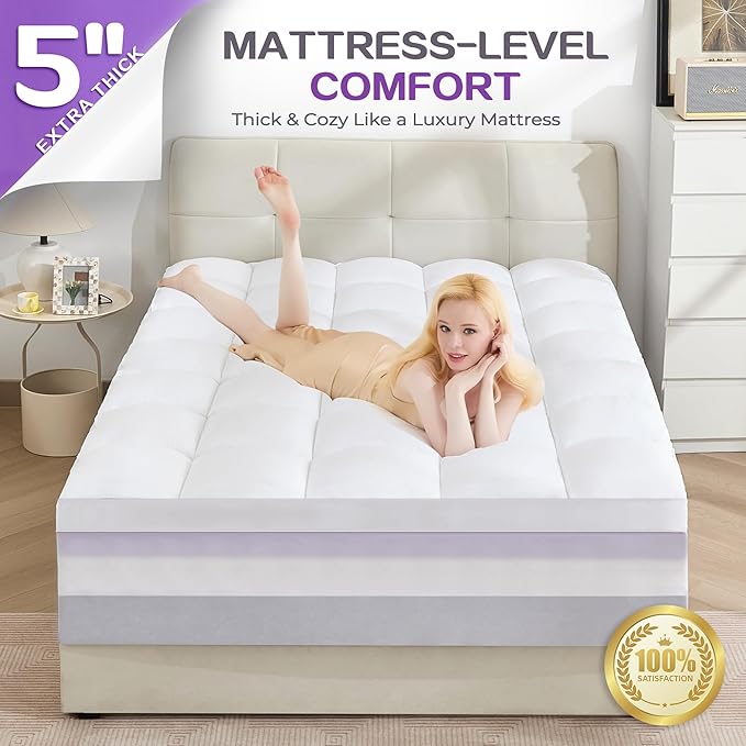 SINWEEK Dual Layer 5 Inch Memory Foam Mattress Topper Twin XL Size for Dorm Room, 2 Inch Gel Memory Foam Plus 3 Inch 1450 GSM Pillow Top Mattress Pad Cover, College Dorm Essentials, White