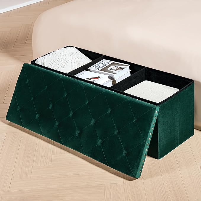 PINPLUS Storage Ottoman Bench for Bedroom, Green Ottoman Folding Velvet Chest with Benches Foot Rest Stool, Large Long Foldable Chest for Entryway Living Room, 43.3"x15.7"x15.7"