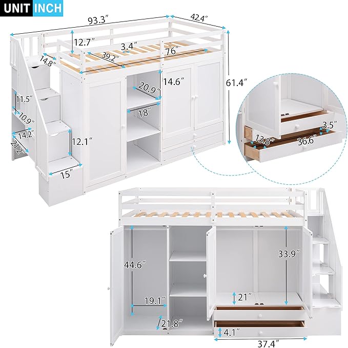 Twin Loft Bed With Stairs and Storage, Wood Frame With 2 Wardrobes, Drawers, Shelves, and Staircase for Kids Teens Adults, White