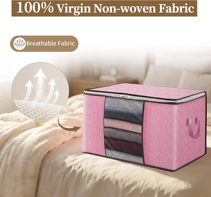 90L Clothes Blanket Storage Bags, 6 Pack Under Bed Storage Bins with Lids, Foldable Closet Organizer with Reinforced Handles for Clothing, Blanket, Comforters, Bed Sheets, Pillows and Toys, Pink