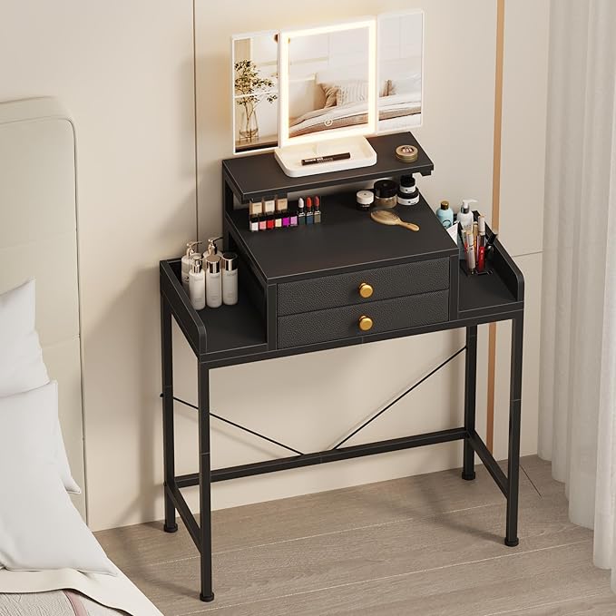 HIGDBFE Vanity Desk with Mirror and Lights, 28.4''W Small Makeup Vanity Table with Height-Adjustable Stand, 2 Fabric Drawers Compact Makeup Desk, Gift for Girls, Bedroom Small Space, Black
