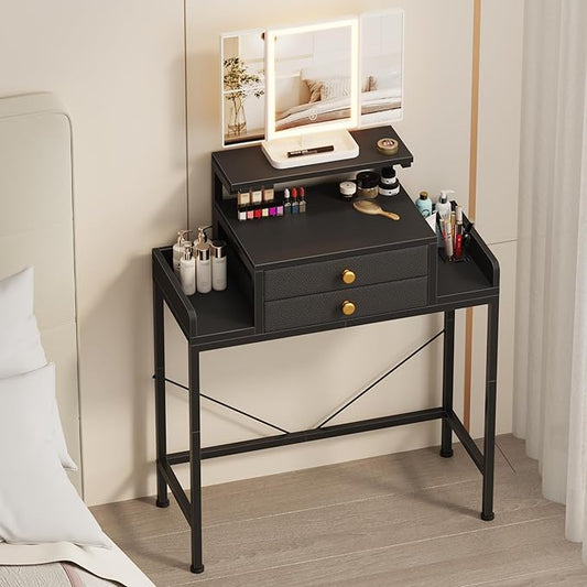 HIGDBFE Vanity Desk with Mirror and Lights, 28.4''W Small Makeup Vanity Table with Height-Adjustable Stand, 2 Fabric Drawers Compact Makeup Desk, Gift for Girls, Bedroom Small Space, Black