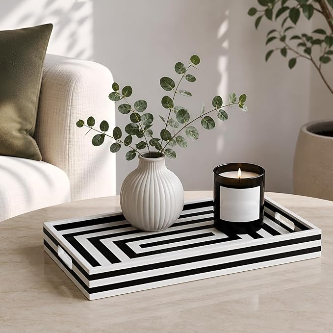 Handicrafts Home Decorative Tray for Coffee Table, Black and White Concentric Ottoman Tray 17 x 11 Inch, Handmade Resin Inlay Centerpiece Tray for Living Room, Modern Serving Tray for Home Decor
