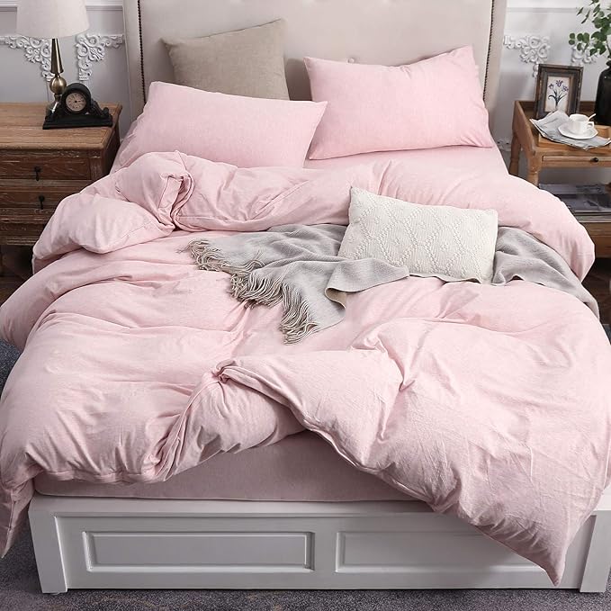 PURE ERA Jersey Knit Duvet Cover Set 100% T-Shirt Cotton Super Soft Comfy 3pc Bedding Set with Zipper Closure (Heather Pink, Queen)