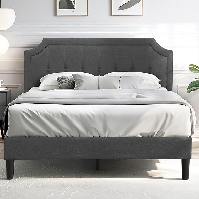 VECELO Full Size Platform Bed Frame with Fabric Upholstered Headboard and Wooden Slats Support, No Box Spring Needed/Easy Assembly,Grey