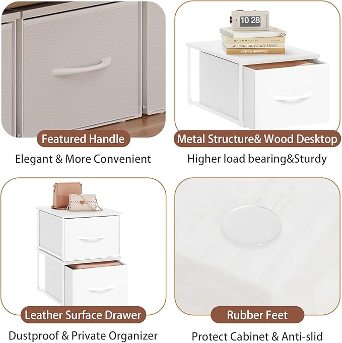 X-cosrack 3 Packs Individual Stackable Storage Drawers with Wood Top for Closet, Small Stacking Closet Organizer with Drawers, Metal Frame 3 Fabric Storage Drawer Bins for Bedroom, Under Bed, White