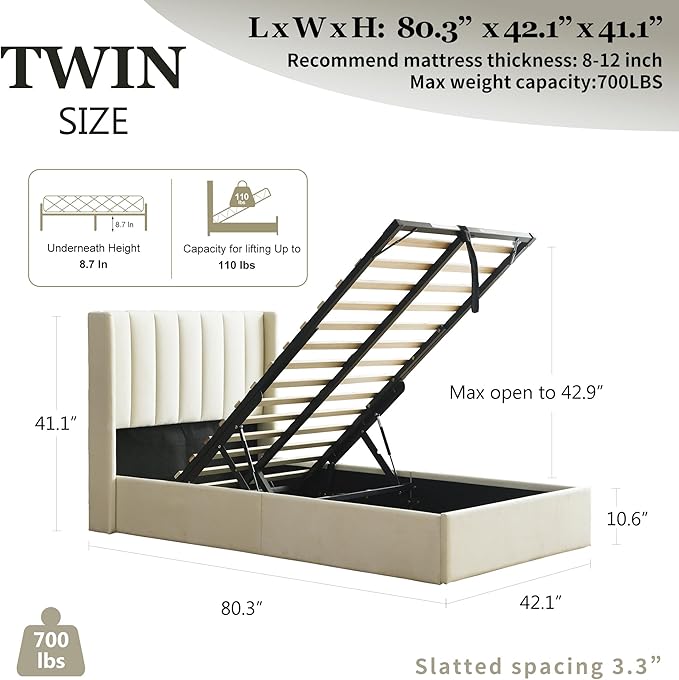 YUHUASHI Queen Size Hydraulic Storage Bed, Upholstered Platform Bed Frame, Modern Wingback Design Headboard, Velvet Fabric with Hydraulic Support Bars, No Box Spring Required (Cream, Twin)