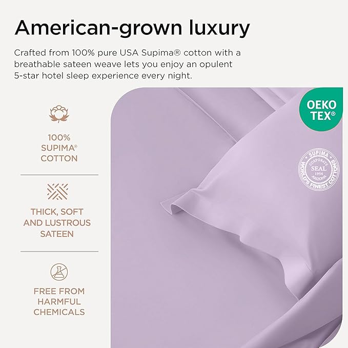 Threadmill King Size Pillow Cases 2 Piece Set | 1200 Thread Count 100% Supima Cotton Pillow Covers, Luxury Smooth Solid Sateen, Lilac