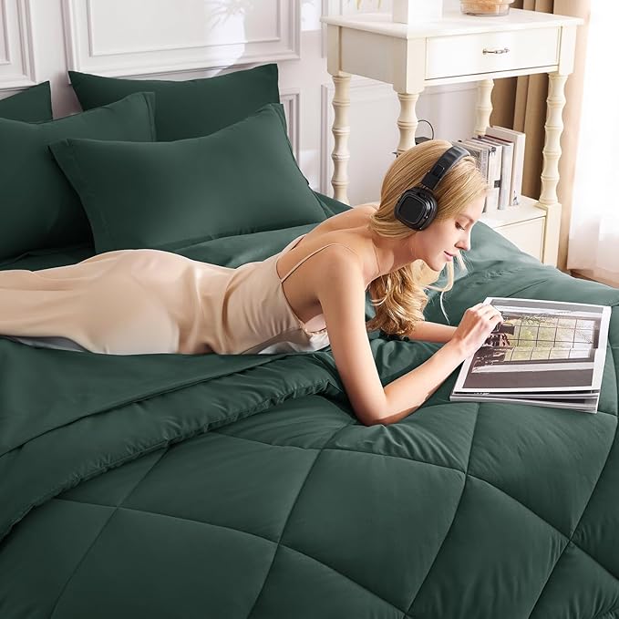 CozyLux Twin XL Comforter Set Forest Green - 5 Pieces Twin Extra Long Bed in a Bag for College Dorm, All Season Bedding Set for Girls and Boys, Soft Bed Set with Comforter, Sheets, Pillowcase & Sham