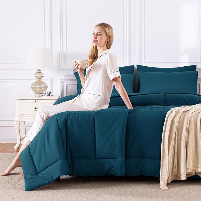 CozyLux Twin XL Comforter Set Lyons Blue, 5 Pieces Twin Extra Long Bed in a Bag for College Dorm, All Season Bedding Set with Stitch Quilted Comforter, Flat Sheet, Fitted Sheet, Pillowcases