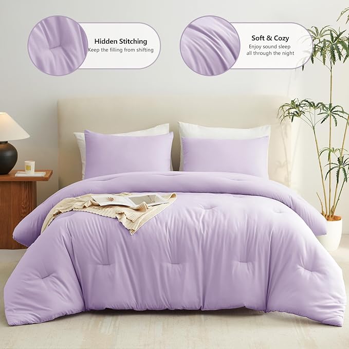 CozyLux Oversized King Comforter Set Lavender, 3 Pieces 120x98 Solid Breathable Bedding Sets All Seasons, Light Purple Luxury Soft Lightweight Bed Set with Down Alternative Comforter and 2 Pillowcases