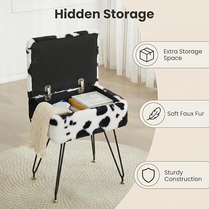 Vanity Stool Chair, Faux Fur Ottoman Foot Stool with Metal Legs & Adjustable Black Feet, Flip Top Storage Makeup Stool with Soft Padded Seat, Foot Rest for Makeup Room Bedroom, Cow