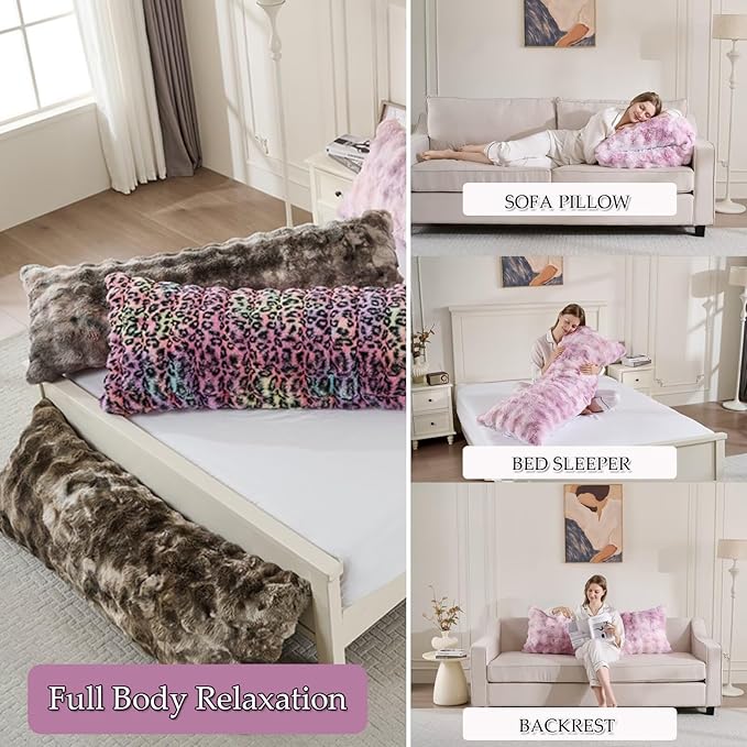 Luxury Shaggy Faux Fur Body Pillow,Fluffy Bed Pillow with Zipper Closure,Soft Decorative Plush Full Long Pillows,Fuzzy Hug Pillow for Living Room Side Sleeper & Pregnancy 20"x54" Tie-dye Lavender