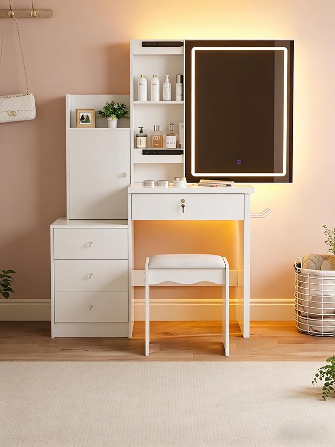 Casaphoria 31.5 Inch White Vanity Desk with Lighted Mirror & Storage – Makeup Dressing Table with 4 Drawers, 9 Compartments, Hidden Storage & Stool for Women Girls Bedroom