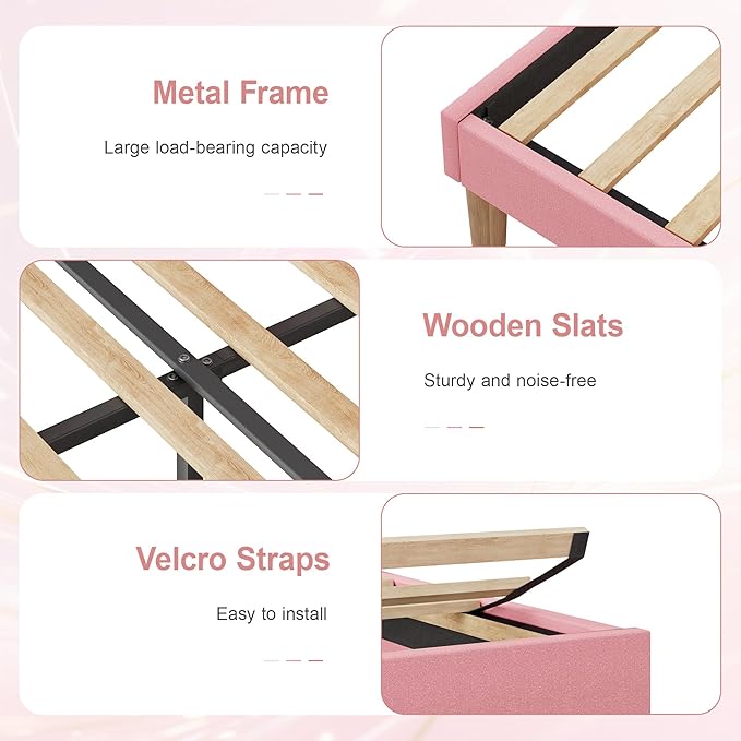 VECELO 2 Set Twin Size Bed Frame, Upholstered Platform Bedframe with Height Adjustable Plush Fabric Headboard, Strong Wood Slat Supports, No Box Spring Needed, Pink
