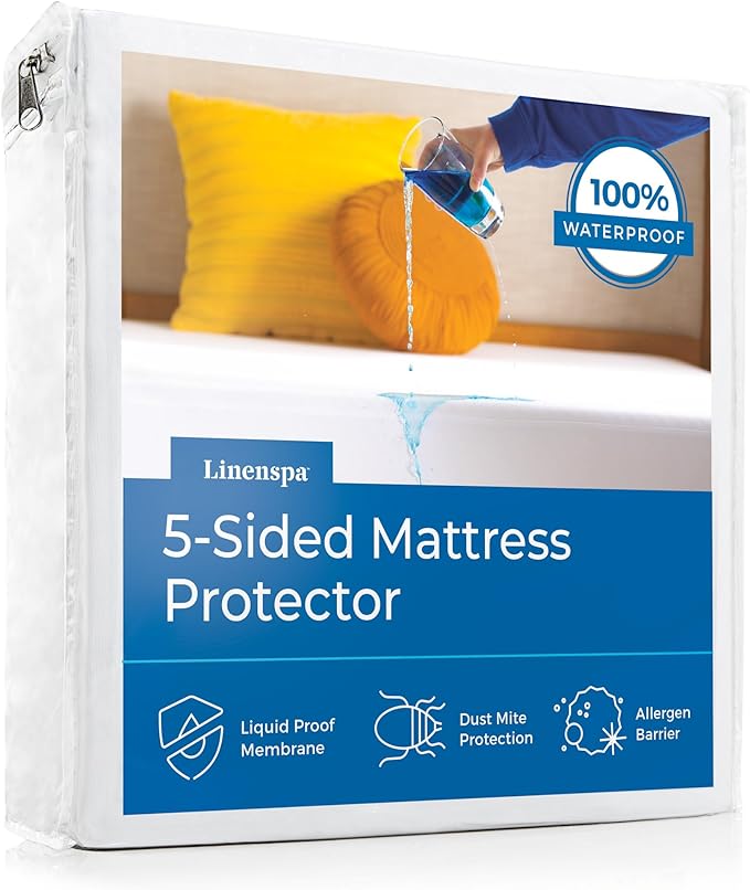 Linenspa 5-Sided Waterproof Mattress Protector – Breathable, Fitted Sheet Style, Machine Washable – King Size Mattress Protector, White
