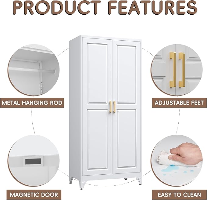 SteeLoong Metal Wardrobe Closet,71" H Wardrobe Cabinet with 2 Doors,White Clothing Storage Cabinets with Hanging Rod and 3 Adjustable Shelves,Armoire Wardrobe Closet for Home Office,School,Gym