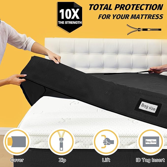 Mattress Bags for Moving and Storage, BETU Twin Mattress Protector Waterproof Mattress Cover with 8 Heavy Duty Handles and Zipper Extra Thick Moving Supplies for Dorm Bed Reusable (77x42x13.5 Black)