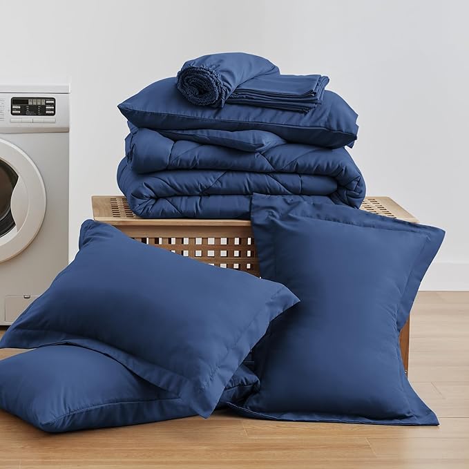 Love's cabin Queen Comforter Set Dark Blue, 7 Pieces Queen Bed in a Bag, All Season Bedding Sets with 1 Comforter, 1 Flat Sheet, 1 Fitted Sheet, 2 Pillowcase and 2 Pillow Sham | Soft, Breathable, Lightweight, Comfortable