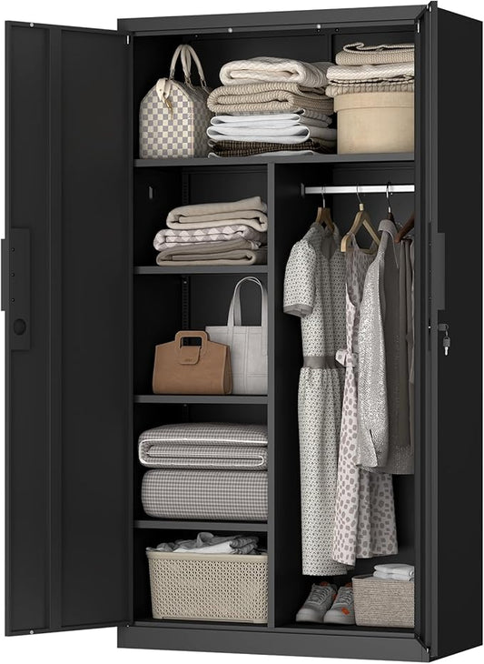IRONFFICE Metal Storage Cabinet,Steel Armoire Wardrobe Closet with Adjustable Shelves,Hanging Rod,Almirah for Clothes,Locking Wardrobe Cabinet for Bedroom,Home,Black