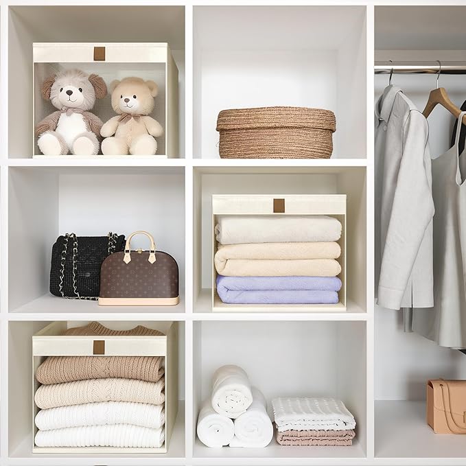 Linen Closet Organizers and Storage, Closet Storage Bins Basket Organizer, Foldable Organization Baskets with Mesh Window for Clothes Towels and Toys, 14.5" x 14.5" x 10.25", Beige, 6 pack