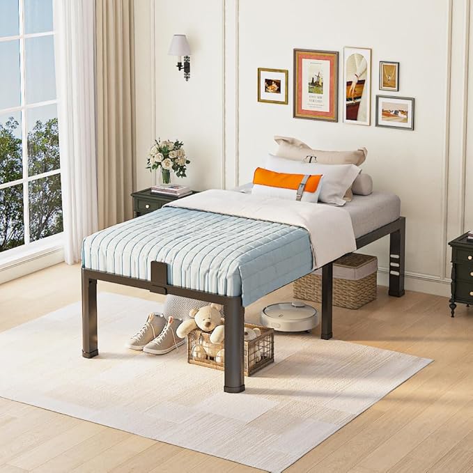 Yitong Angel 18 inch Twin XL Bed Frame with Rounded Corner Legs and Headboard Hole Mattress Slide Stopper 3500 LBS Heavy Duty Support Metal Platform,No Box Spring Needed, Noise Free,Easy Assembly
