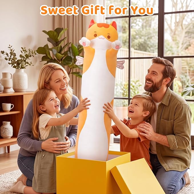 Mewaii Long Cat Plush 5 Sizes, 120% Extra Filling Giant Plushness Kids Body Pillow, Kawaii Cute Brown Cat Stuffed Animals Plushies, Big Long Body Pillow Cat Plush Gift for Girls 53”