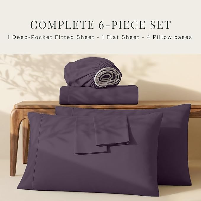 Hearth & Harbor Extra Deep Pocket King Size Sets - Fits Mattress 18-24 Inches Deep - Extra Deep Pocket Sheets - 6 Piece King Size - Eggplant